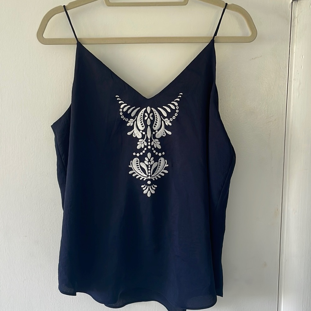 Large Express Sleeveless Navy with White Embroidery V-Neck Blouse